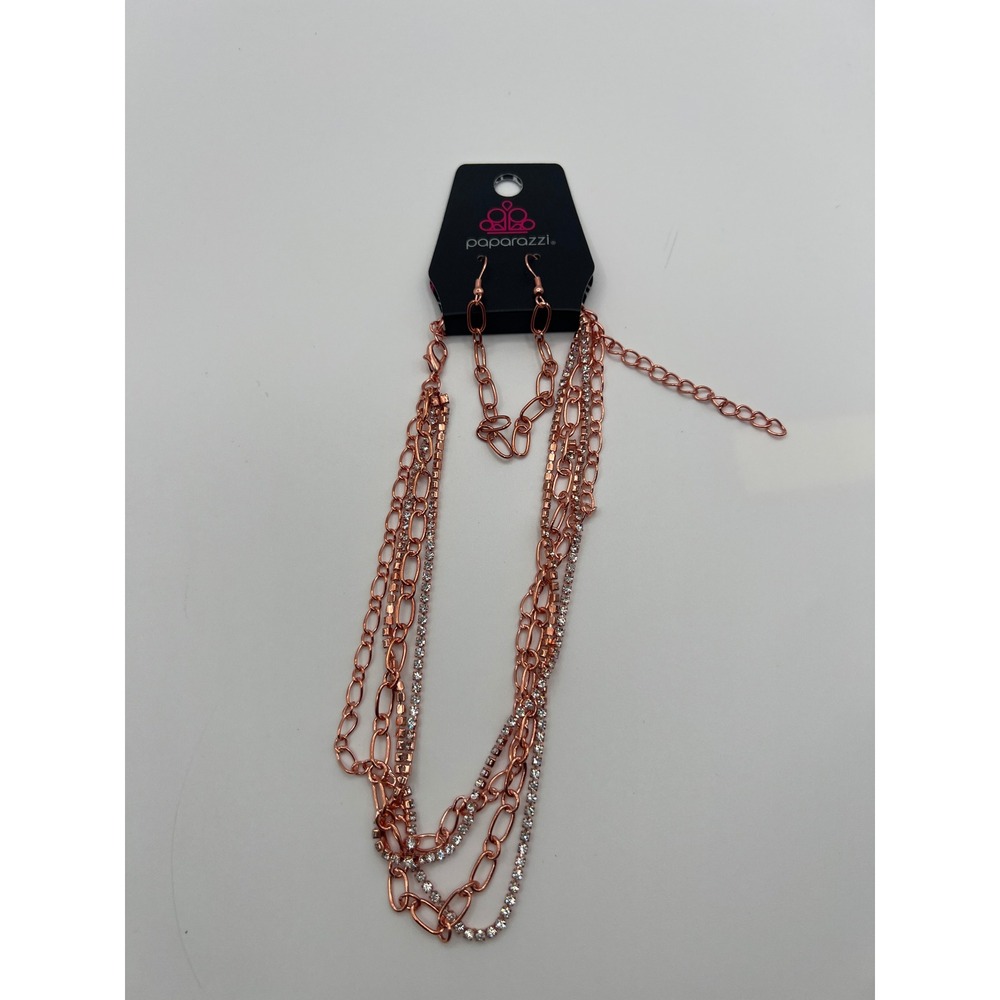Paparazzi Rose Gold Multi Layer Rhinestone Chain Necklace & Earring Set 0141